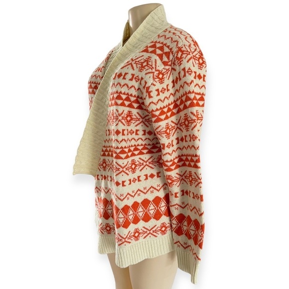 AZTEC PRINT LONG Open Knit Cardigan Sweater Southwest Orange Ivory Boho - Picture 3 of 10